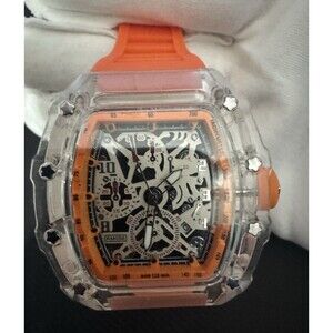 Skeleton Dial Quartz Chronograph Watch Clear Case Orange Rubber Strap